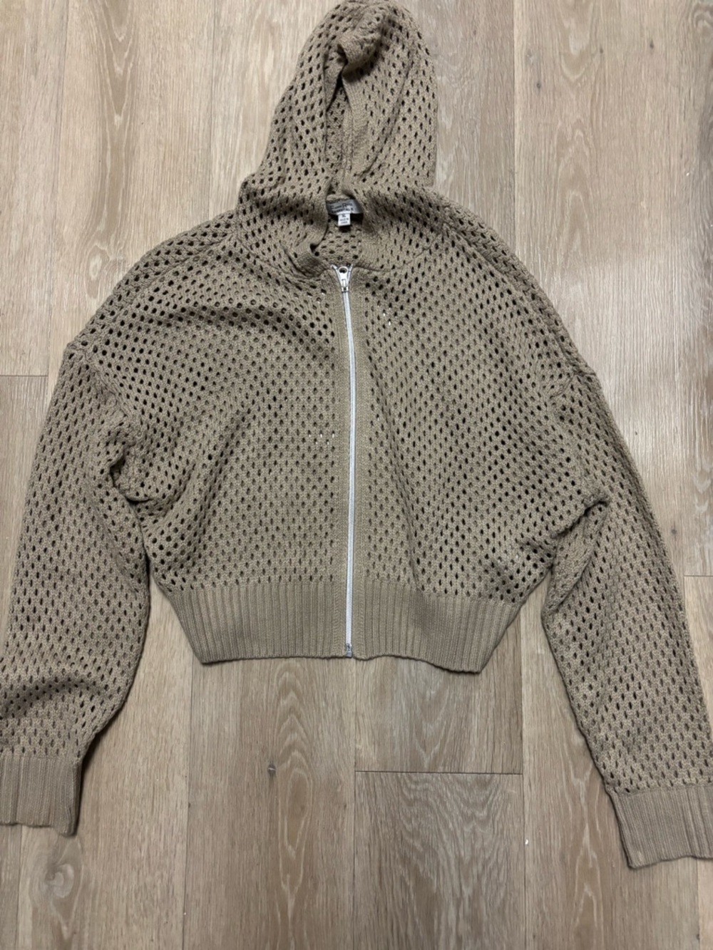 Cropped Hooded Open-Knit Zip Cardigan - Taupe‎